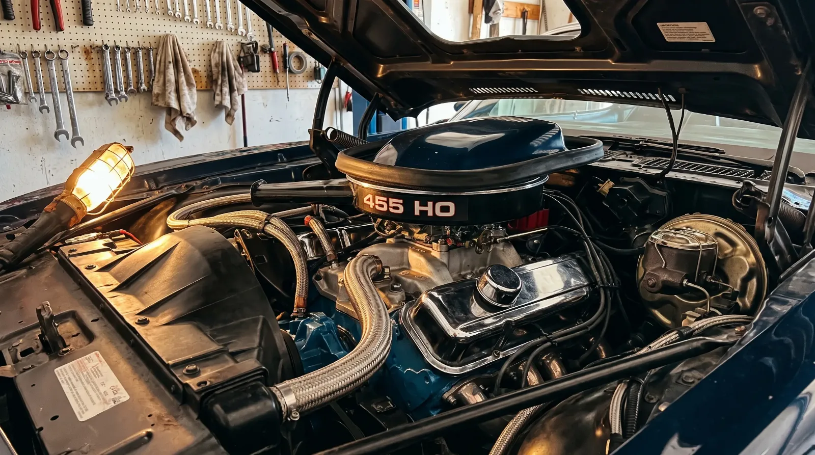 Close-up engine bay detail of a 1970s Pontiac Firebird Trans Am 455 big block V8 with shaker hood scoop