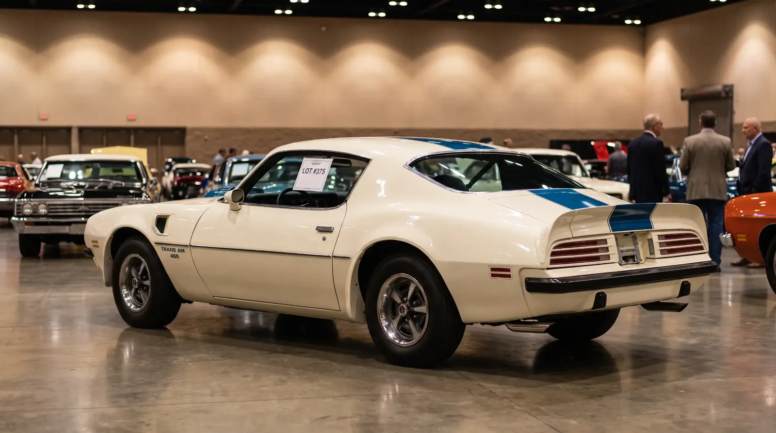 1974 Pontiac Firebird Trans Am Super Duty 455 on display at a classic car auction preview