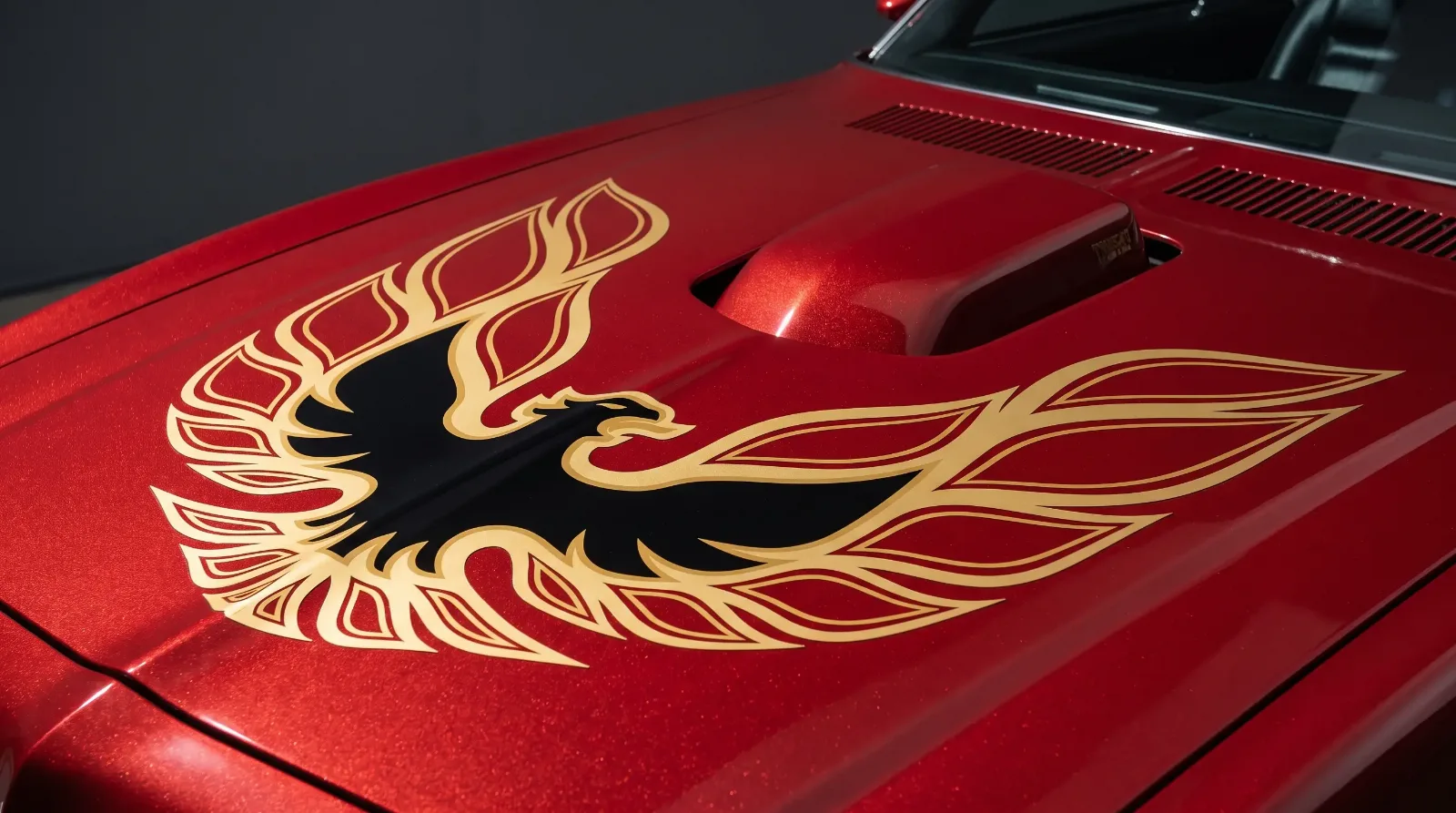 Studio close-up of Carousel Red Firemist paint and screaming chicken hood decal on a Pontiac Firebird Trans Am
