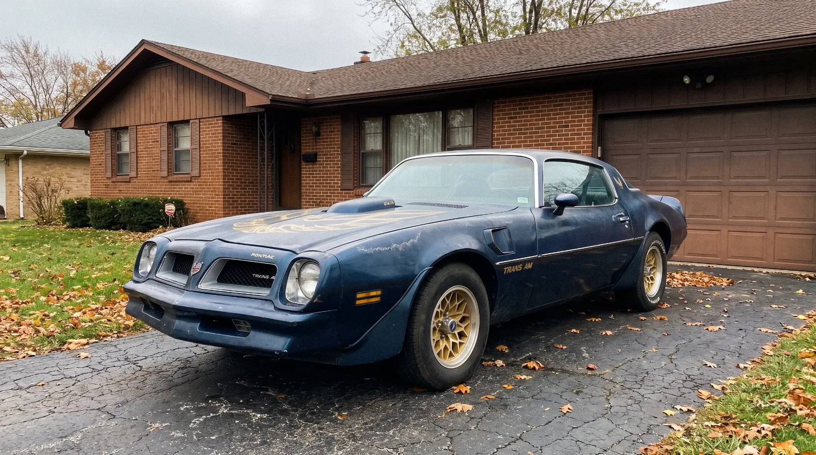 1976 Pontiac Firebird Trans Am in dark blue with shaker hood scoop parked in a suburban driveway