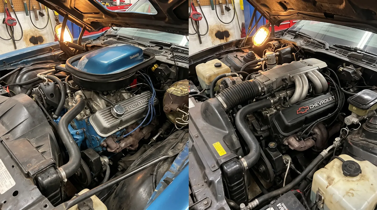 Side-by-side detail of a classic Pontiac 400 V8 block next to a Chevrolet-sourced small block V8 in a Firebird engine bay