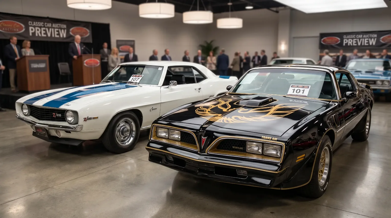 1977 black and gold Trans Am Special Edition parked beside a white Camaro Z/28 in a studio auction setting