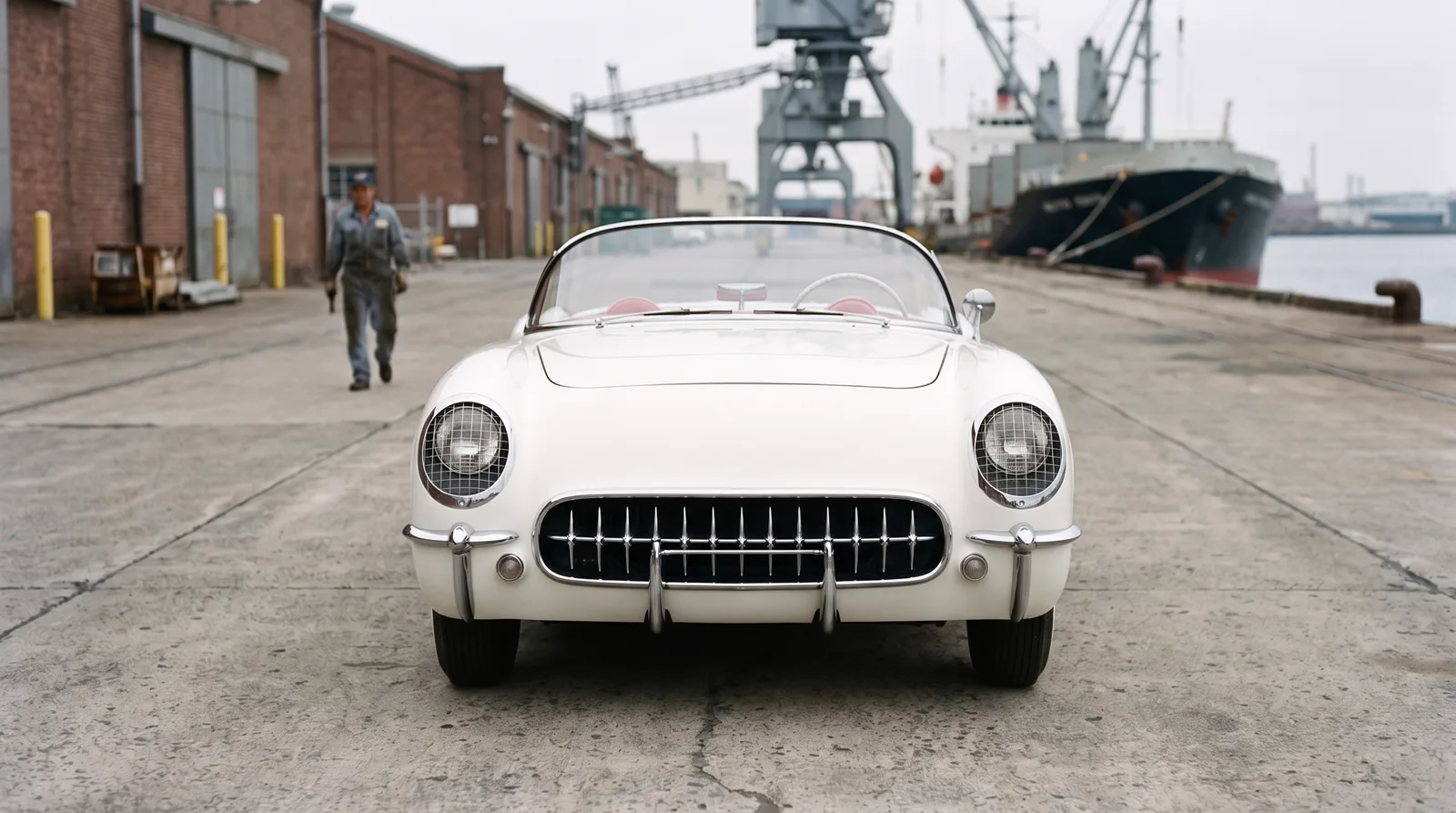 1953 Chevrolet Corvette, head-on at an industrial dock