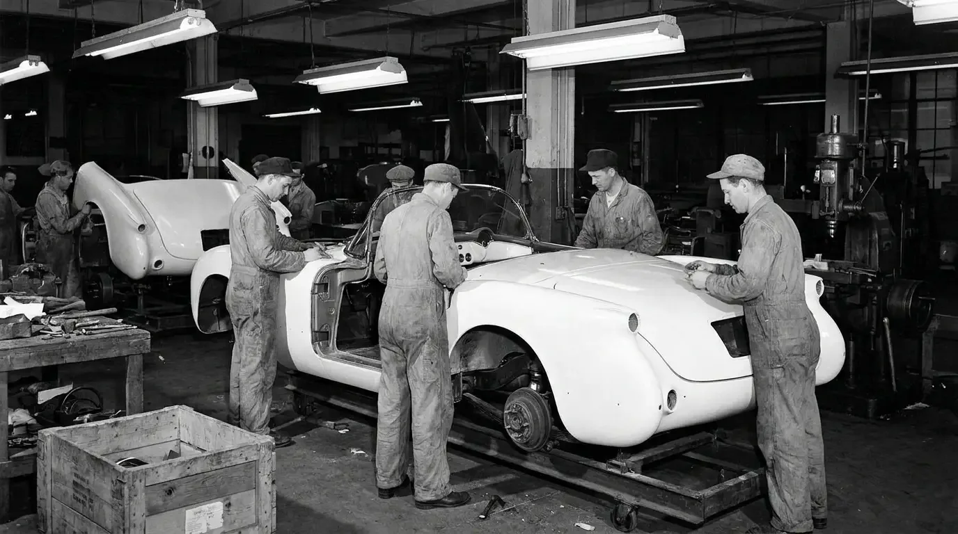 1953 Chevrolet Corvette fiberglass body panels in factory — workers assembling early production car in period-correct manufacturing setting