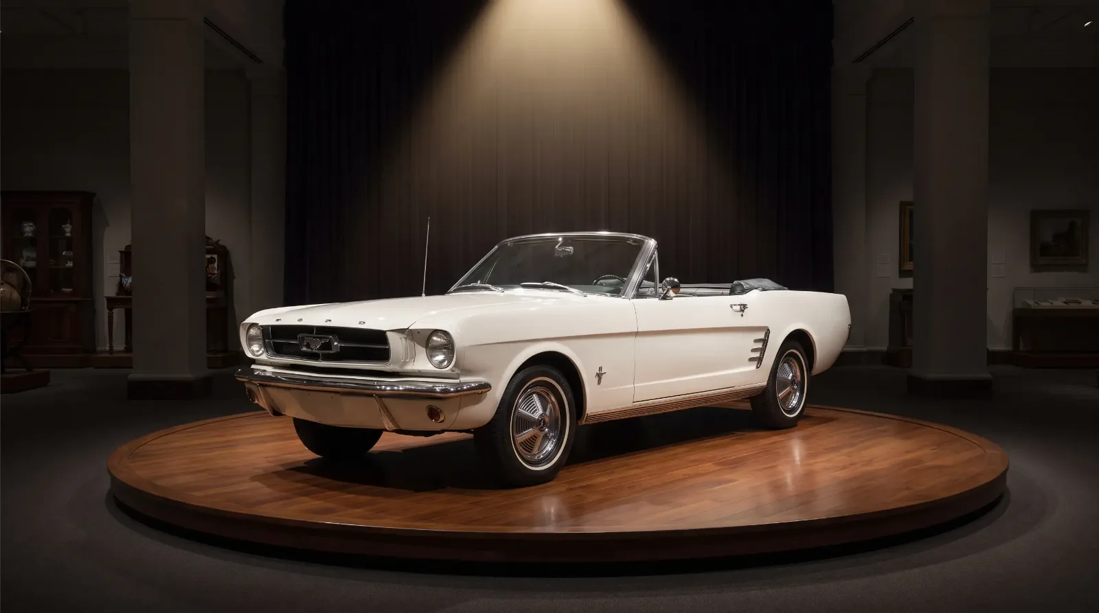 Wimbledon White 1964 Ford Mustang convertible on a museum plinth