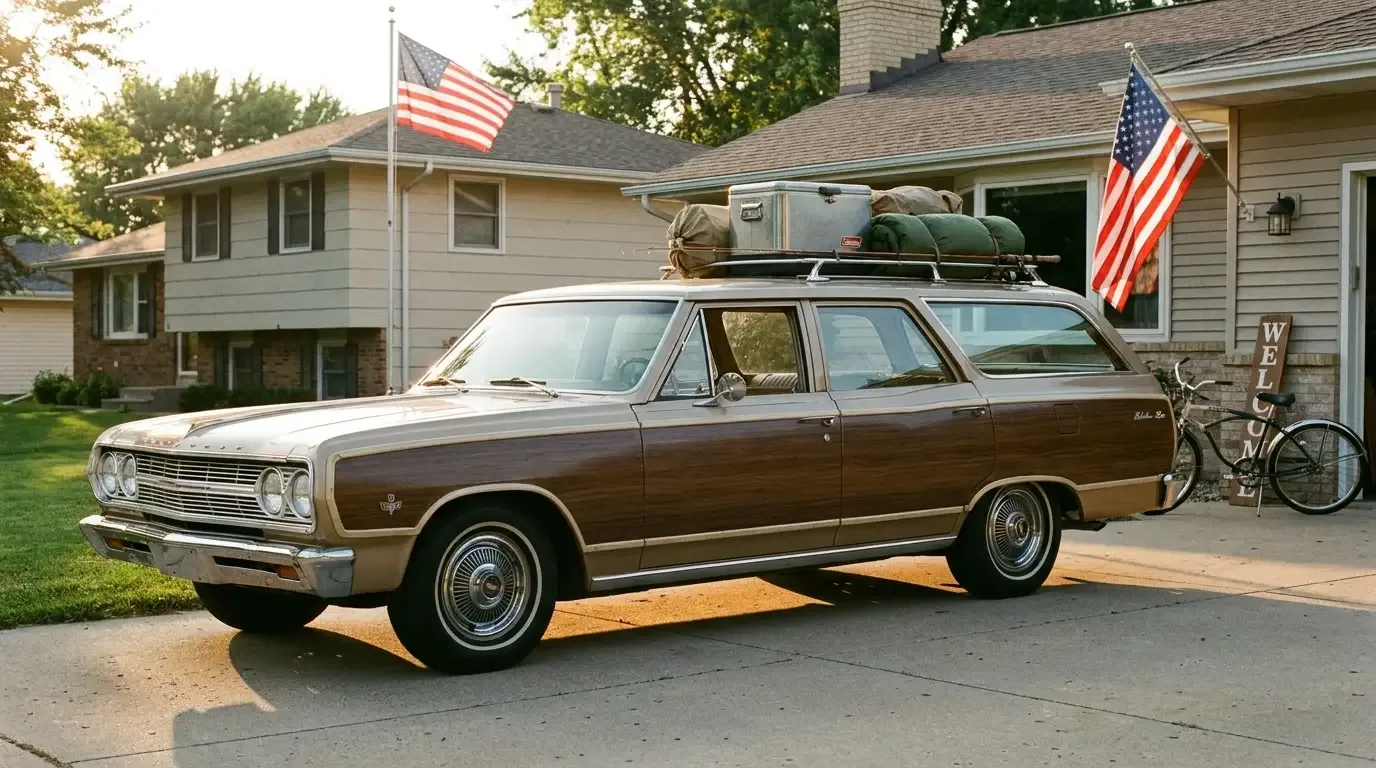 1965 Chevrolet Chevelle Malibu wagon in a suburban driveway with roof rack loaded