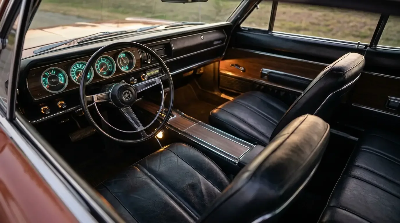 1966 Dodge Charger interior - four buckets, full-length console, glowing electroluminescent gauges