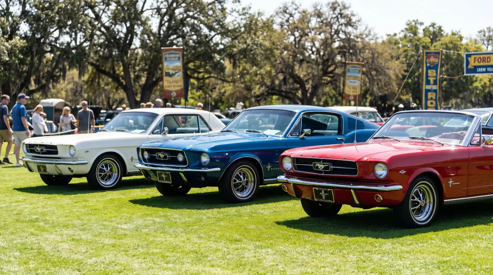 Lineup of first-generation Ford Mustangs on a show field