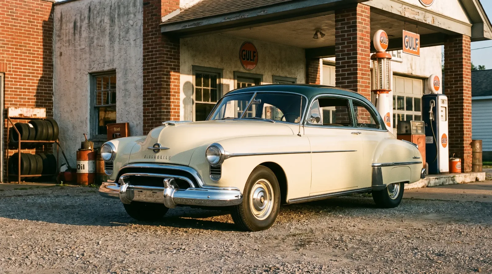 1949 Oldsmobile Rocket 88 cream and green front three-quarter at vintage gas station