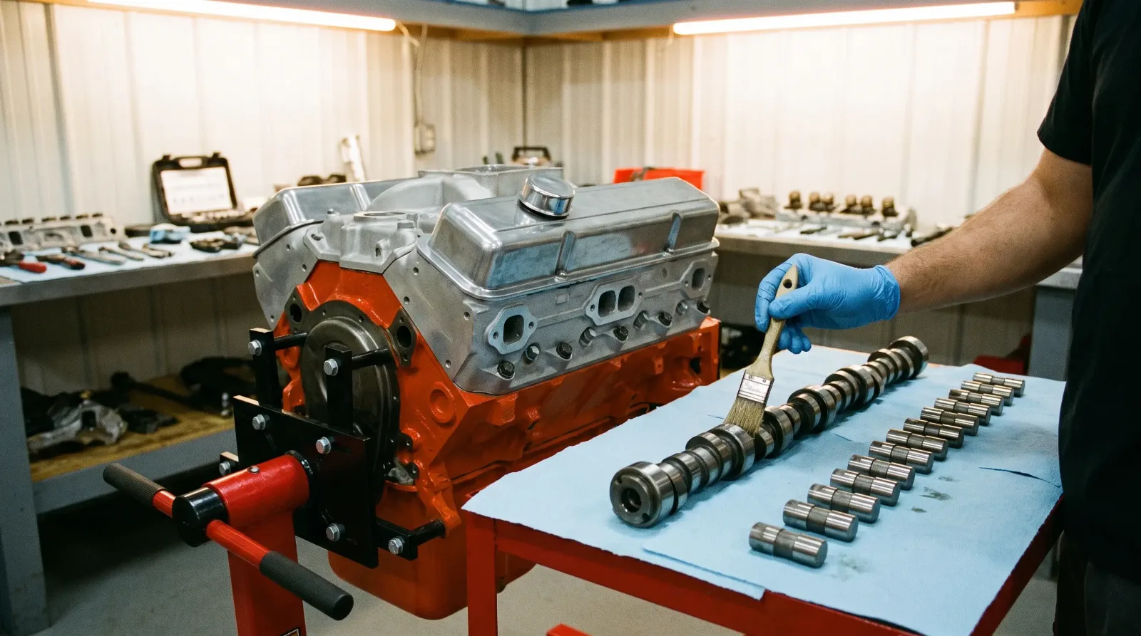 Freshly rebuilt V8 engine on a stand with a flat tappet camshaft and lifters on a shop towel as assembly lube is applied