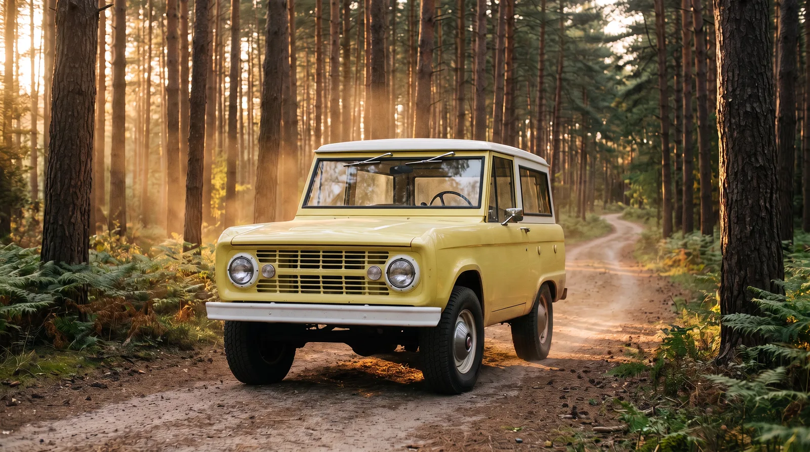 1966 Ford Bronco wagon, on a pine forest road at golden hour