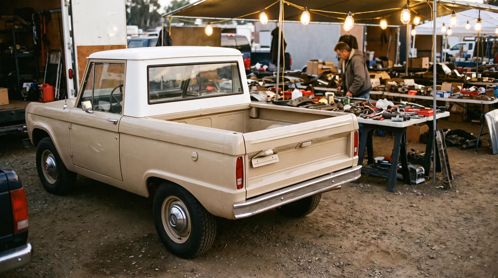 1966 Ford Bronco half-cab, parked in a swap meet aisle