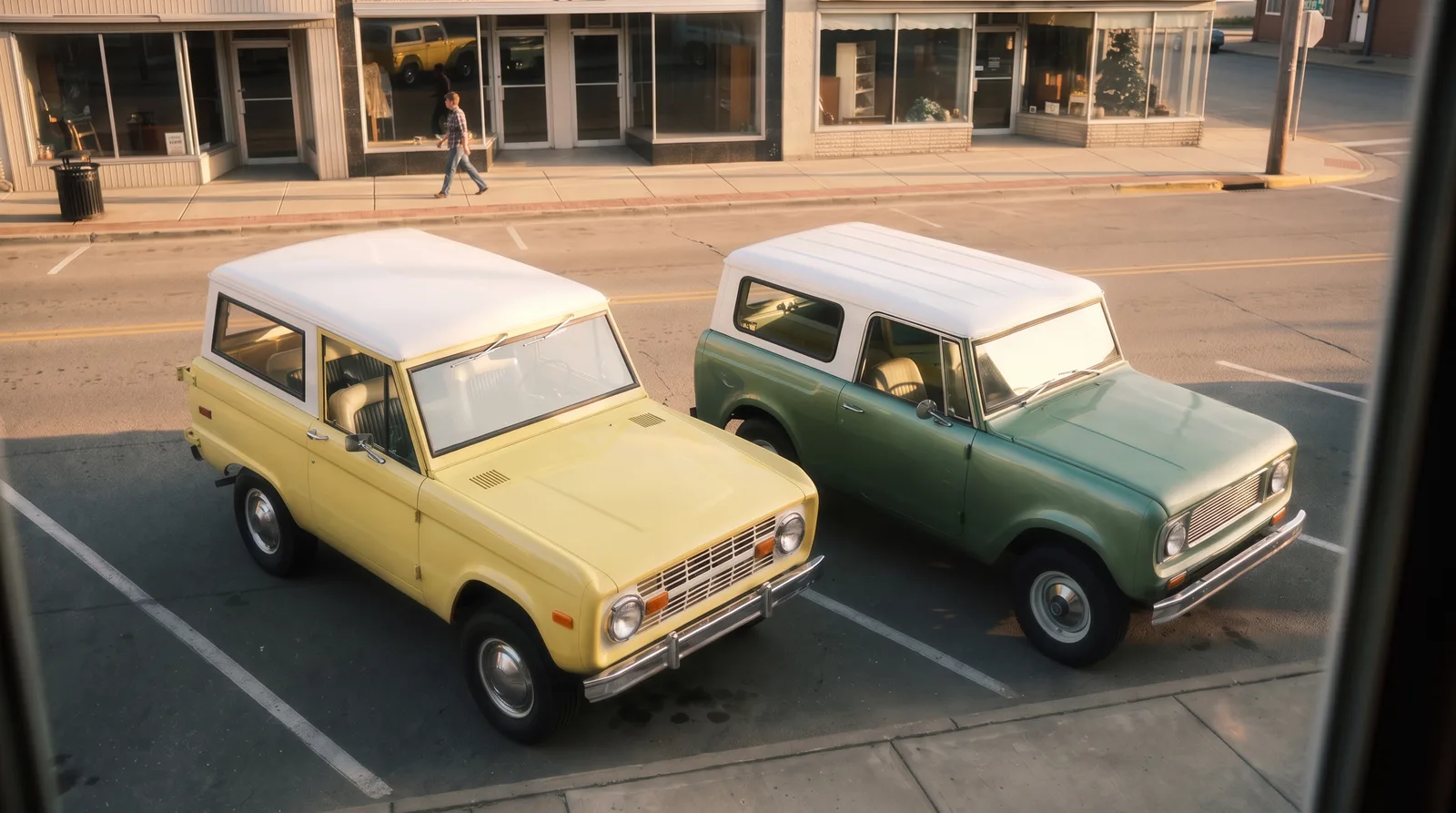 1966 Ford Bronco and International Scout 800, side by side on a main street