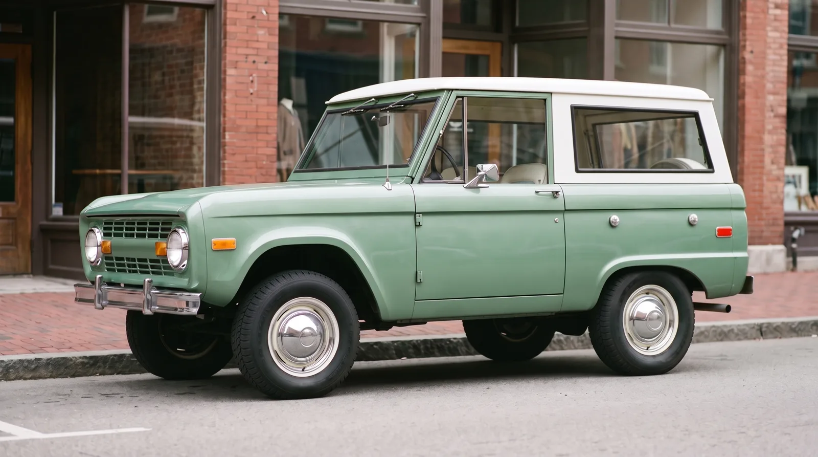 1969 Ford Bronco, parked on a brick city street