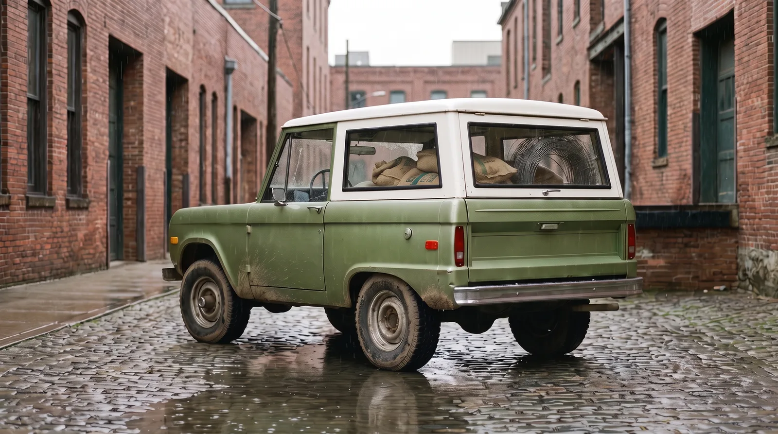 1969 Ford Bronco wagon, muddy work truck in a rainy alley