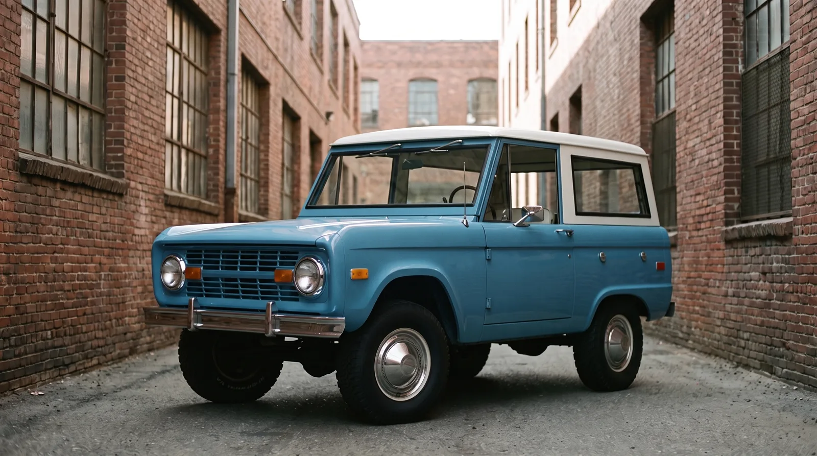 1969 Ford Bronco wagon, parked in a brick warehouse alley