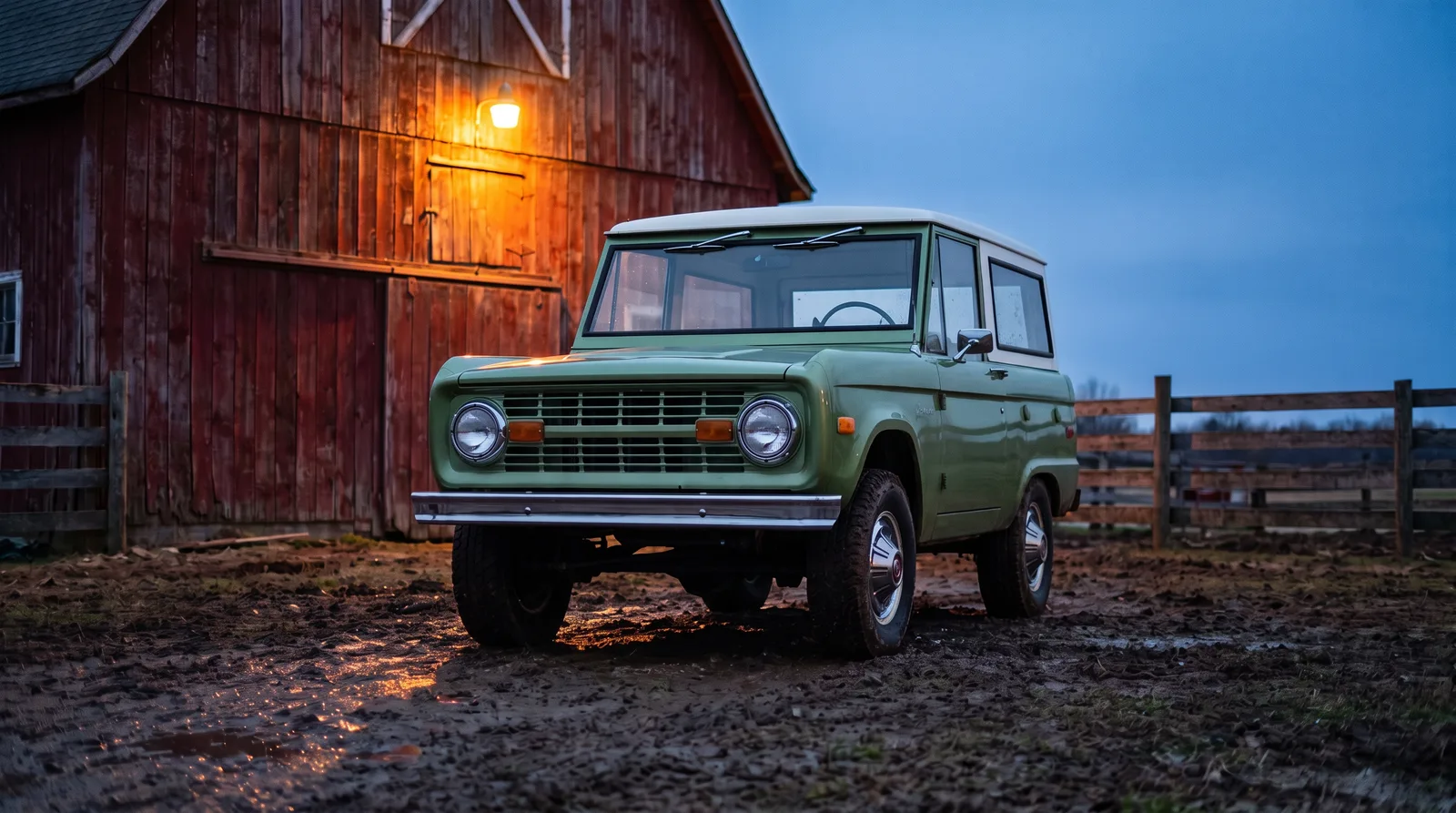 1969 Ford Bronco, farm yard at dusk by a red barn