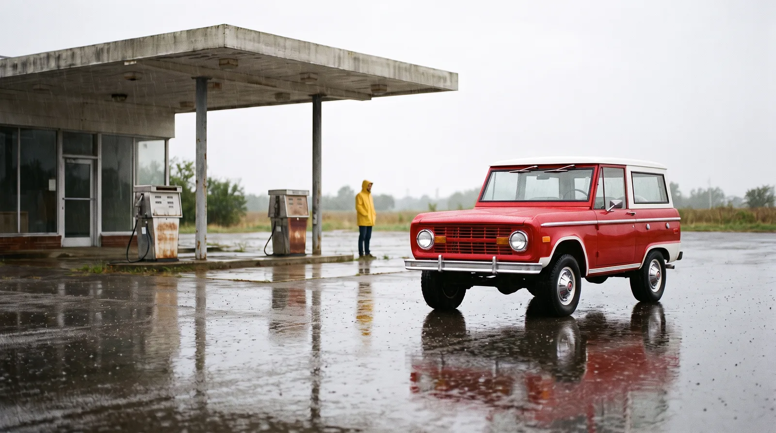 1973 Ford Bronco, parked at an abandoned gas station in rain