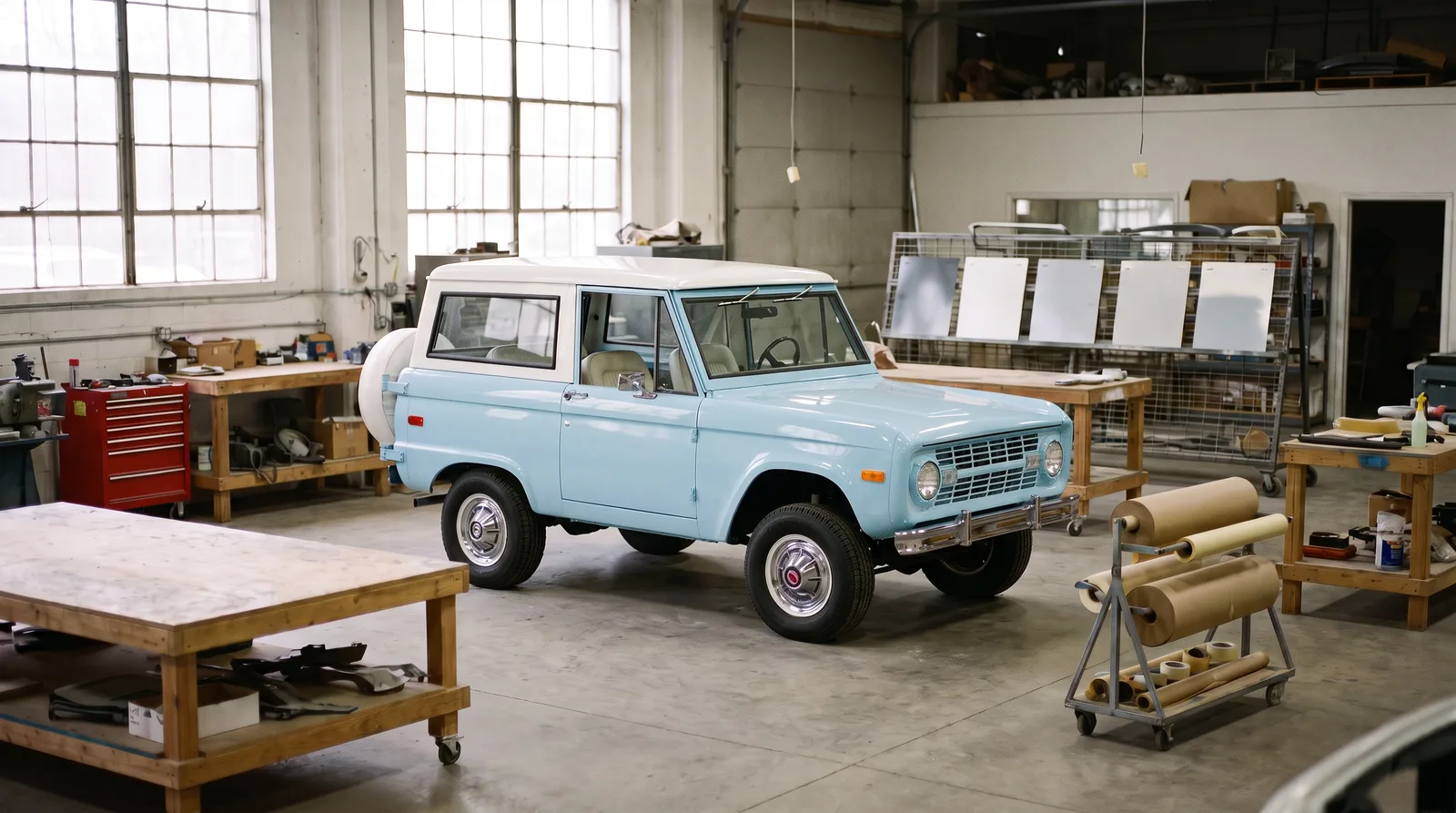 1973 Ford Bronco, fresh pale blue paint in a restoration shop