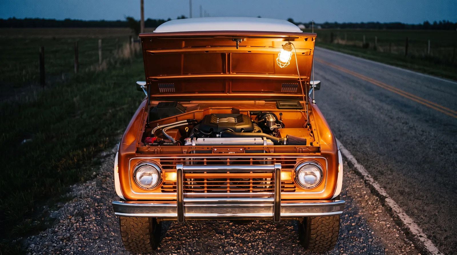 1973 Ford Bronco with Coyote V8 swap, hood open on a country road at dusk