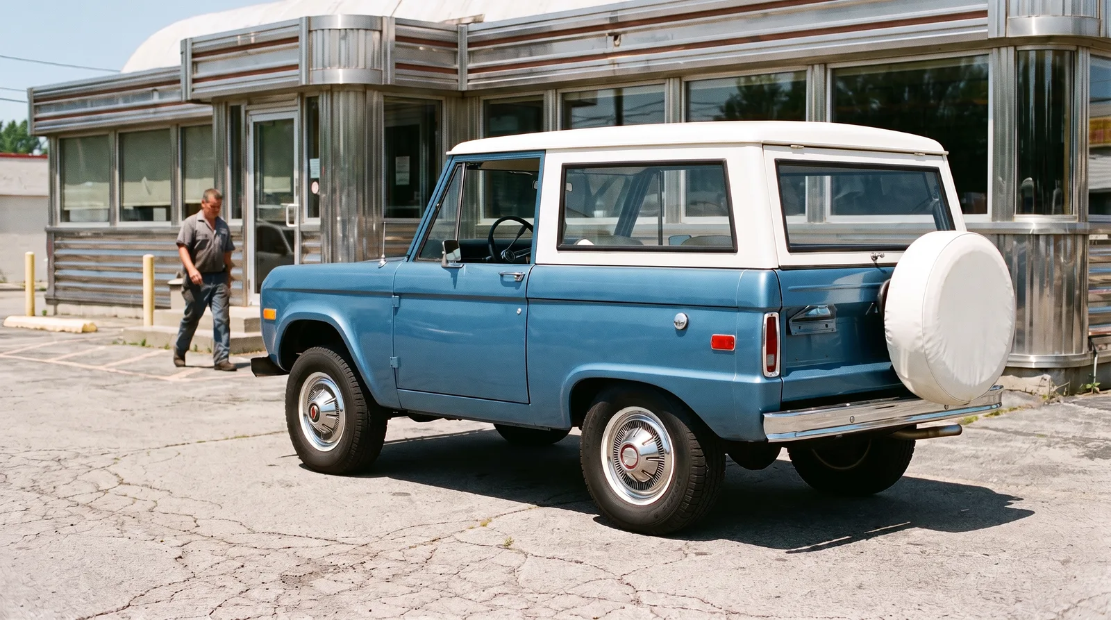 1973 Ford Bronco, parked outside a roadside diner at noon