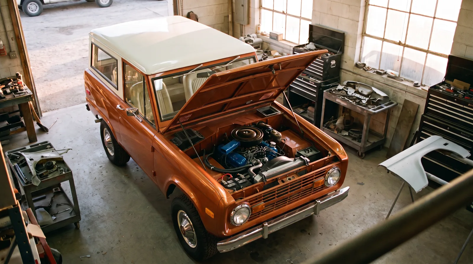 1973 Ford Bronco, hood open in a restoration workshop