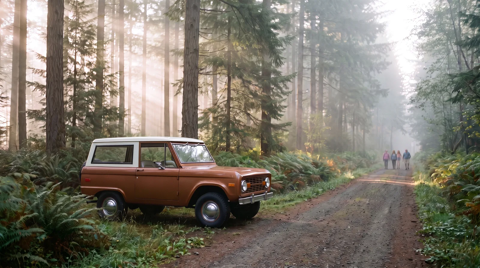 1973 Ford Bronco, bronze wagon on a misty forest road