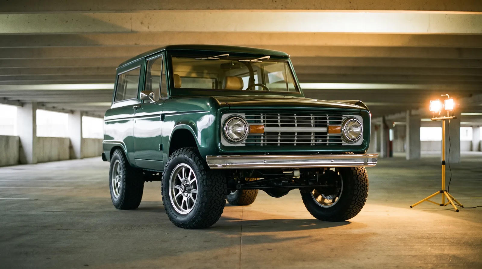 1973 Ford Bronco, restomod under a work lamp in a parking garage