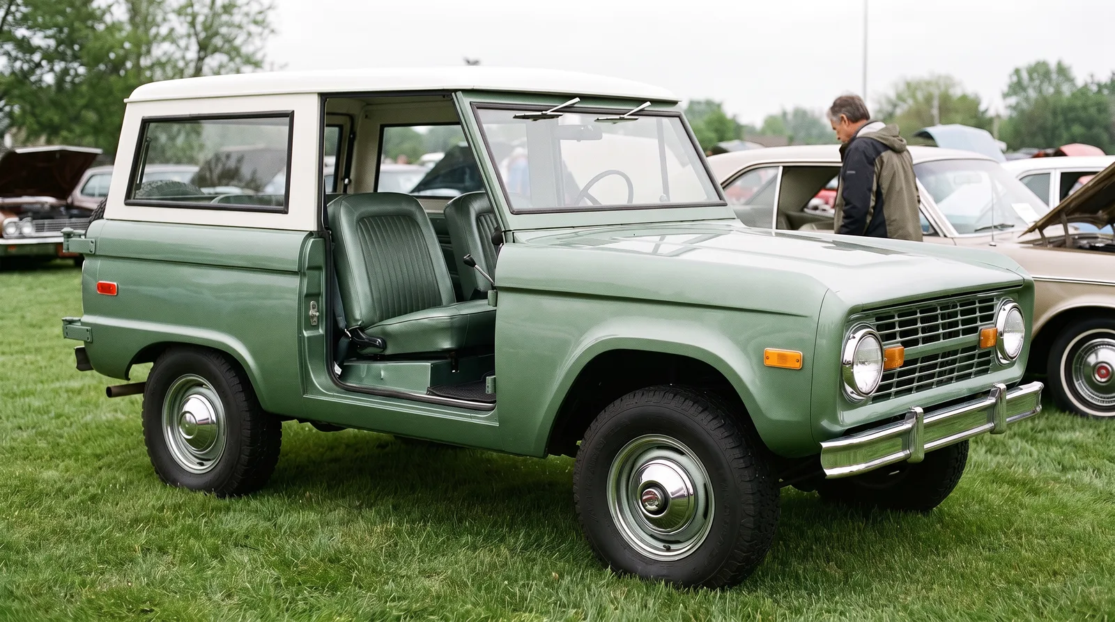 1973 Ford Bronco, doors-off cabin at a car show