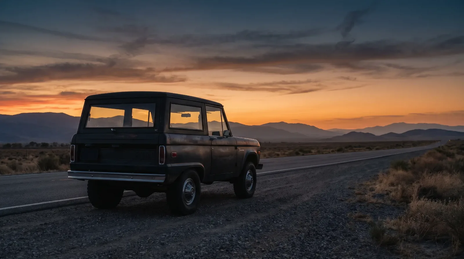 1973 Ford Bronco silhouetted on a highway shoulder at fading sunset