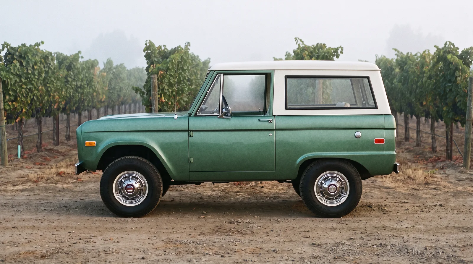 1973 Ford Bronco, side profile on a misty vineyard lane