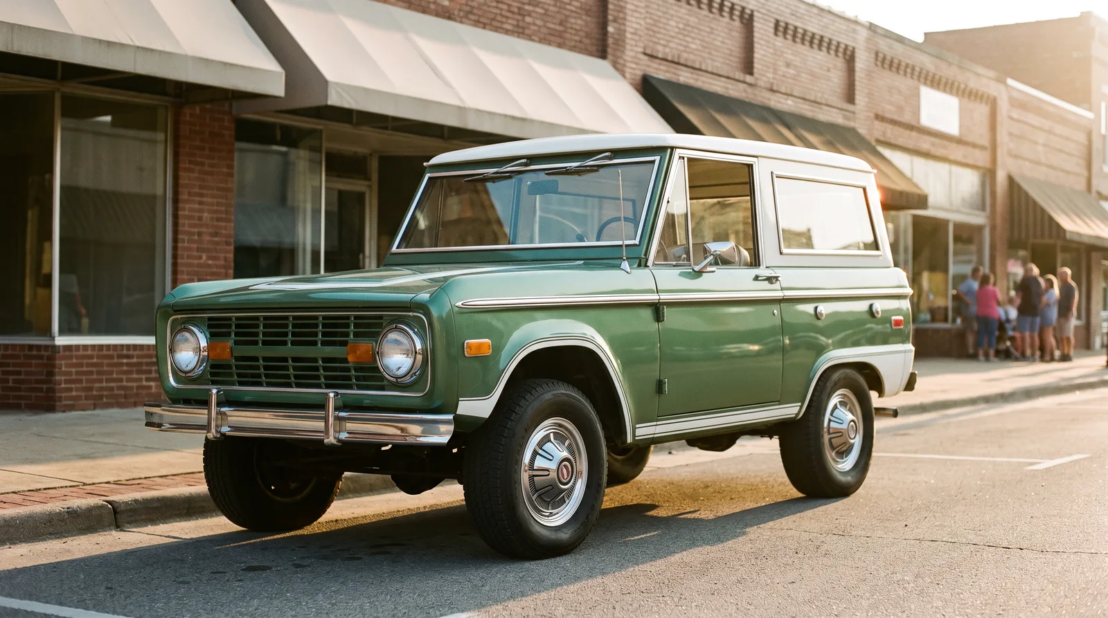 1973 Ford Bronco Ranger, parked on a small-town main street