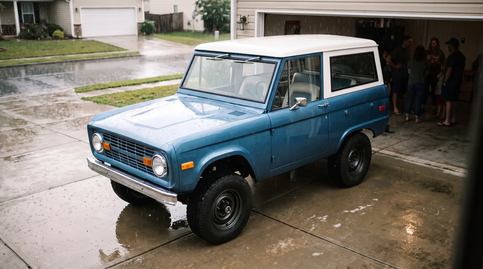 1973 Ford Bronco restomod, in an open home garage in the rain