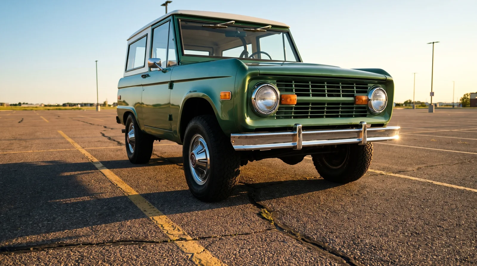 1973 Ford Bronco — empty parking lot at golden hour
