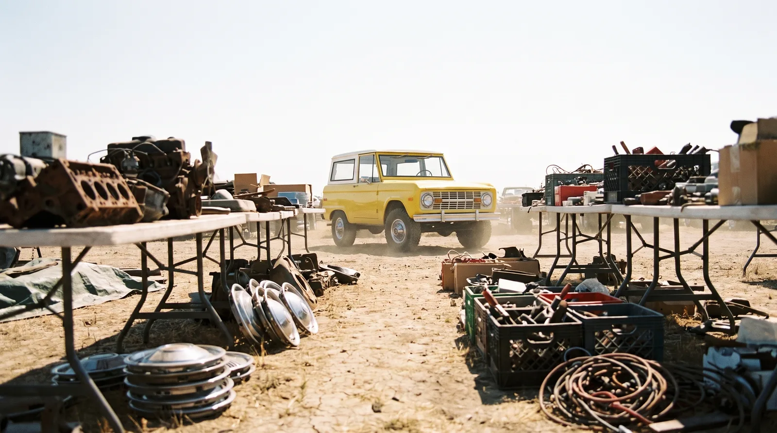 1973 Ford Bronco, parked at a dusty swap meet