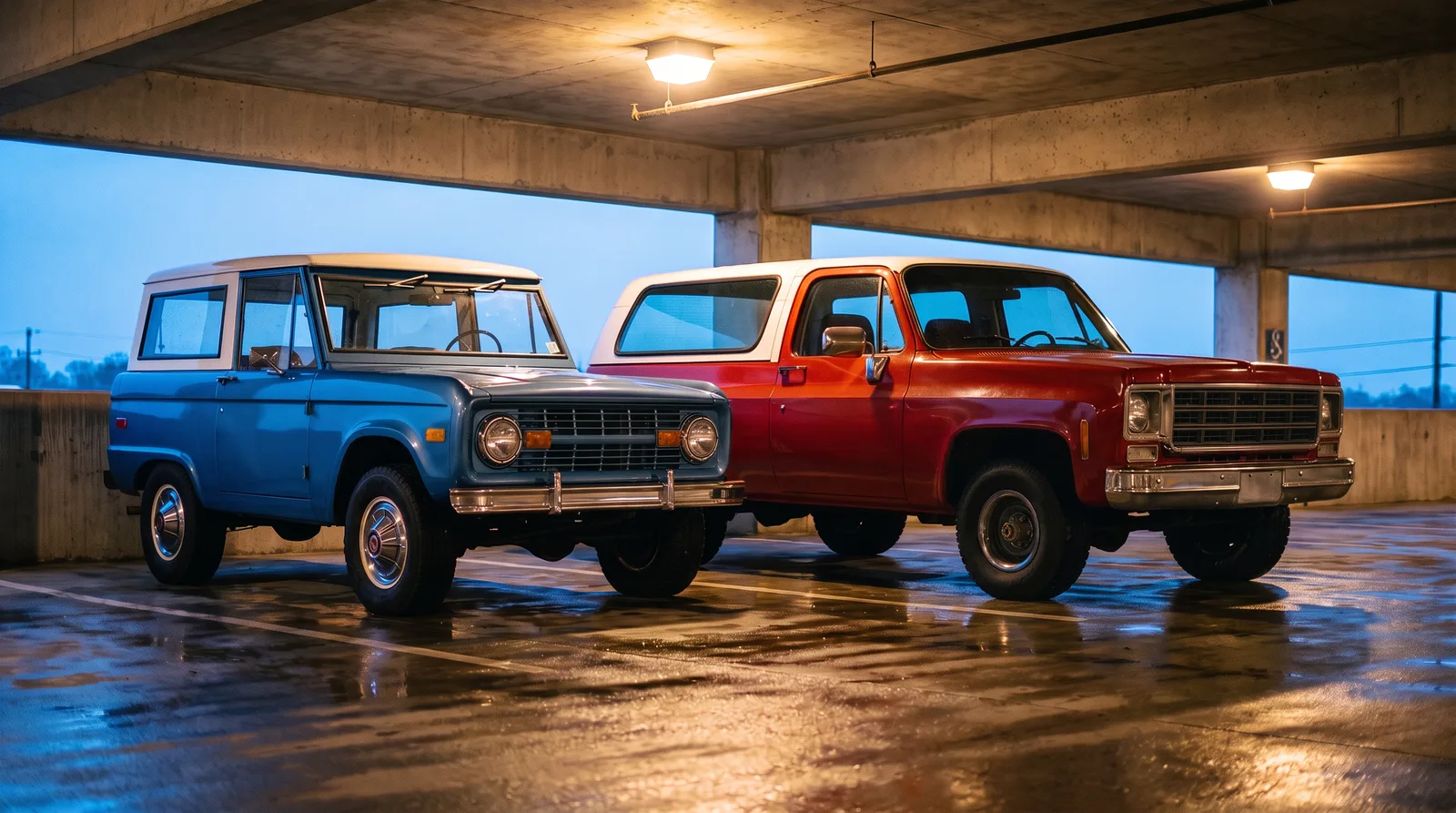 1973 Ford Bronco and Chevrolet K5 Blazer, side by side in a parking garage