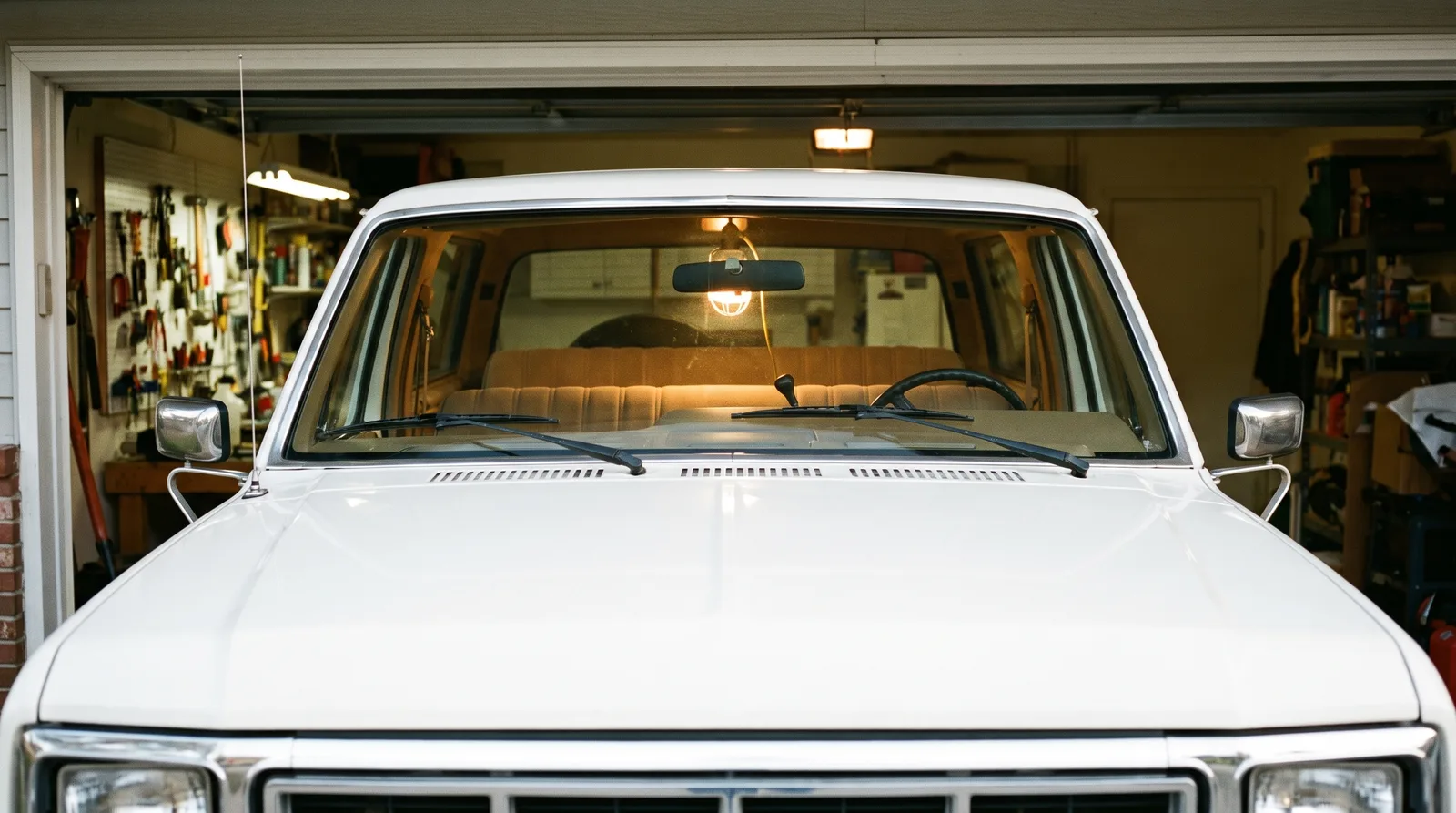 1985 Ford Bronco — cab glowing under a garage work lamp