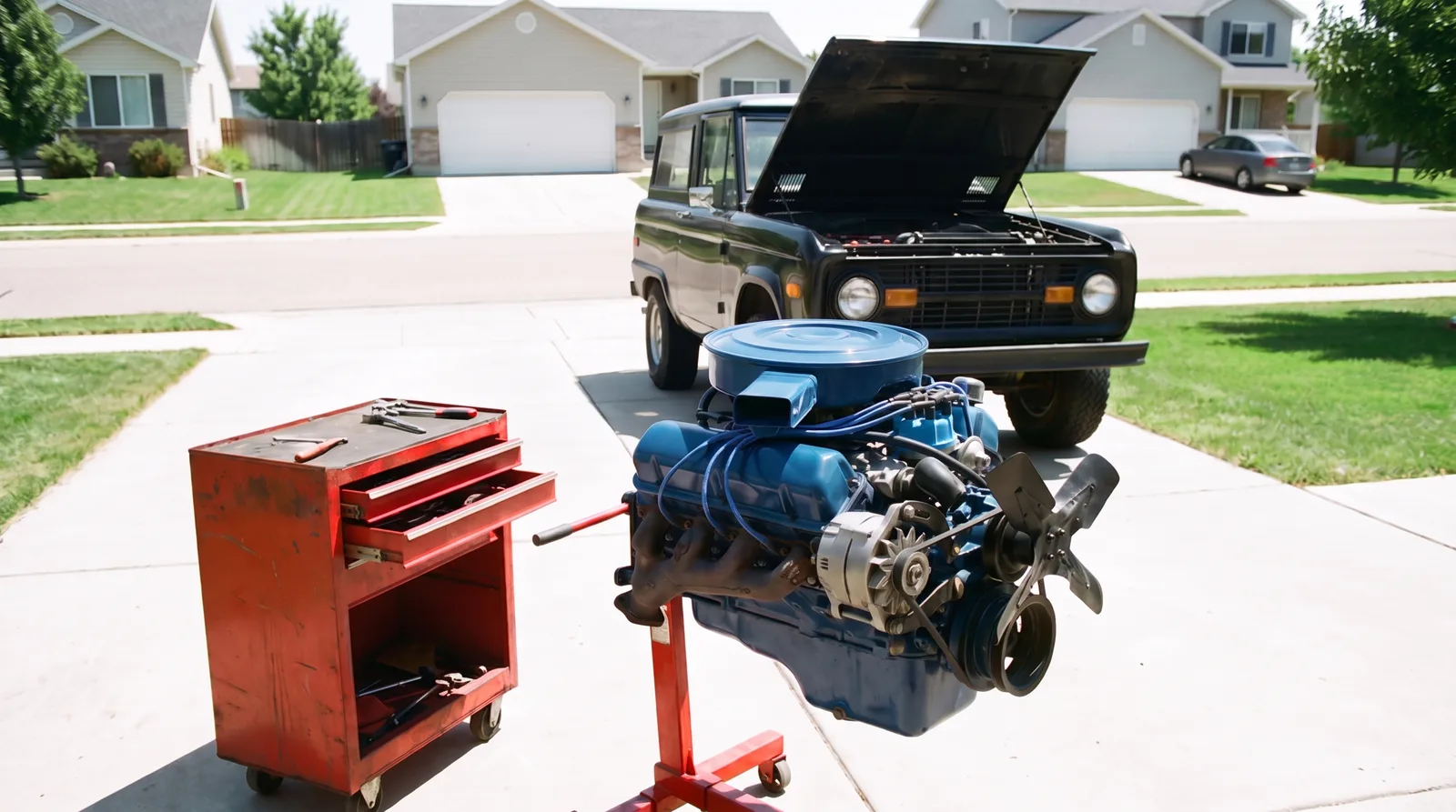 Ford 302 V8, on an engine stand beside a Bronco