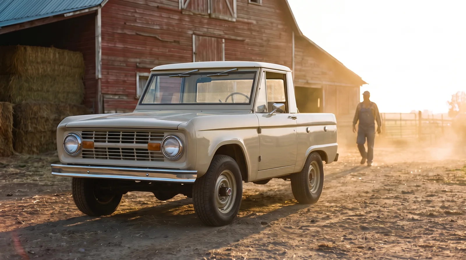 1966 Ford Bronco half-cab, farm yard at golden hour