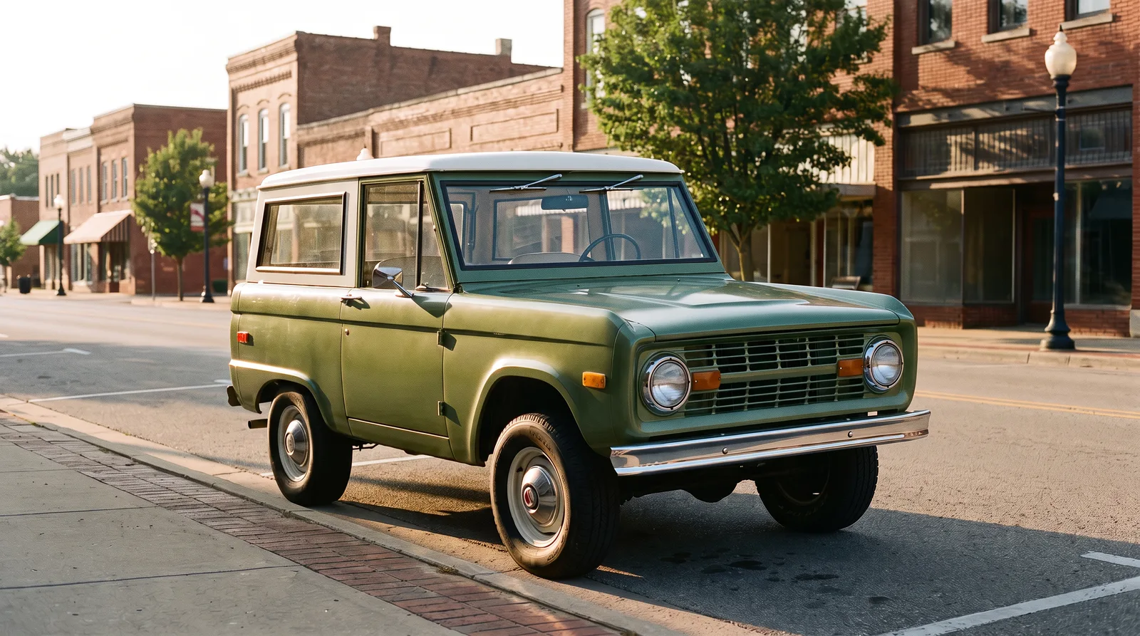1971 Ford Bronco wagon, curbside on a small-town main street