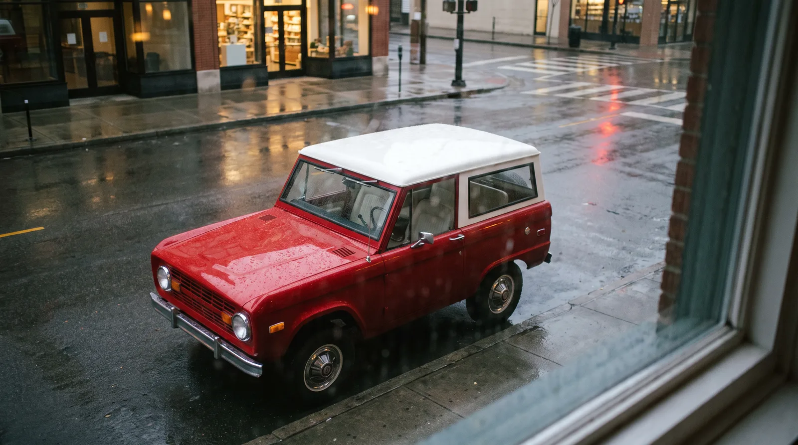 1971 Ford Bronco, rainy city street from above