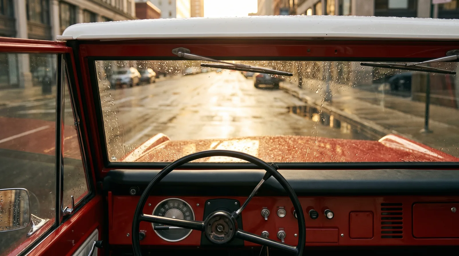 1968 Ford Bronco — driver's view down a wet city avenue