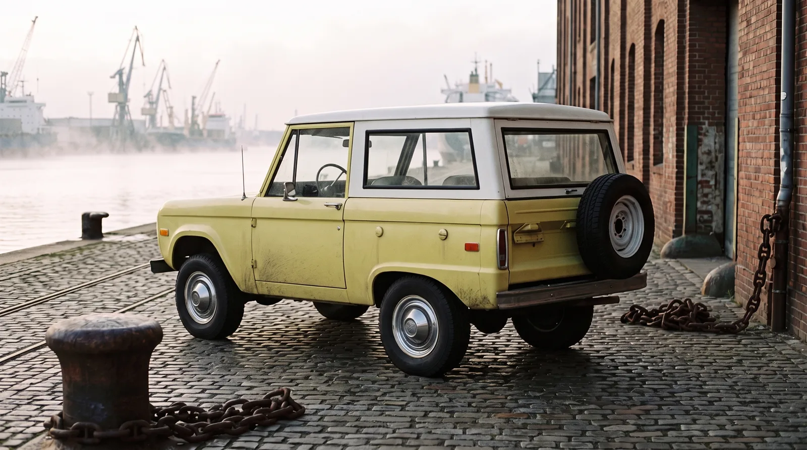 1972 Ford Bronco, misty industrial waterfront at dawn