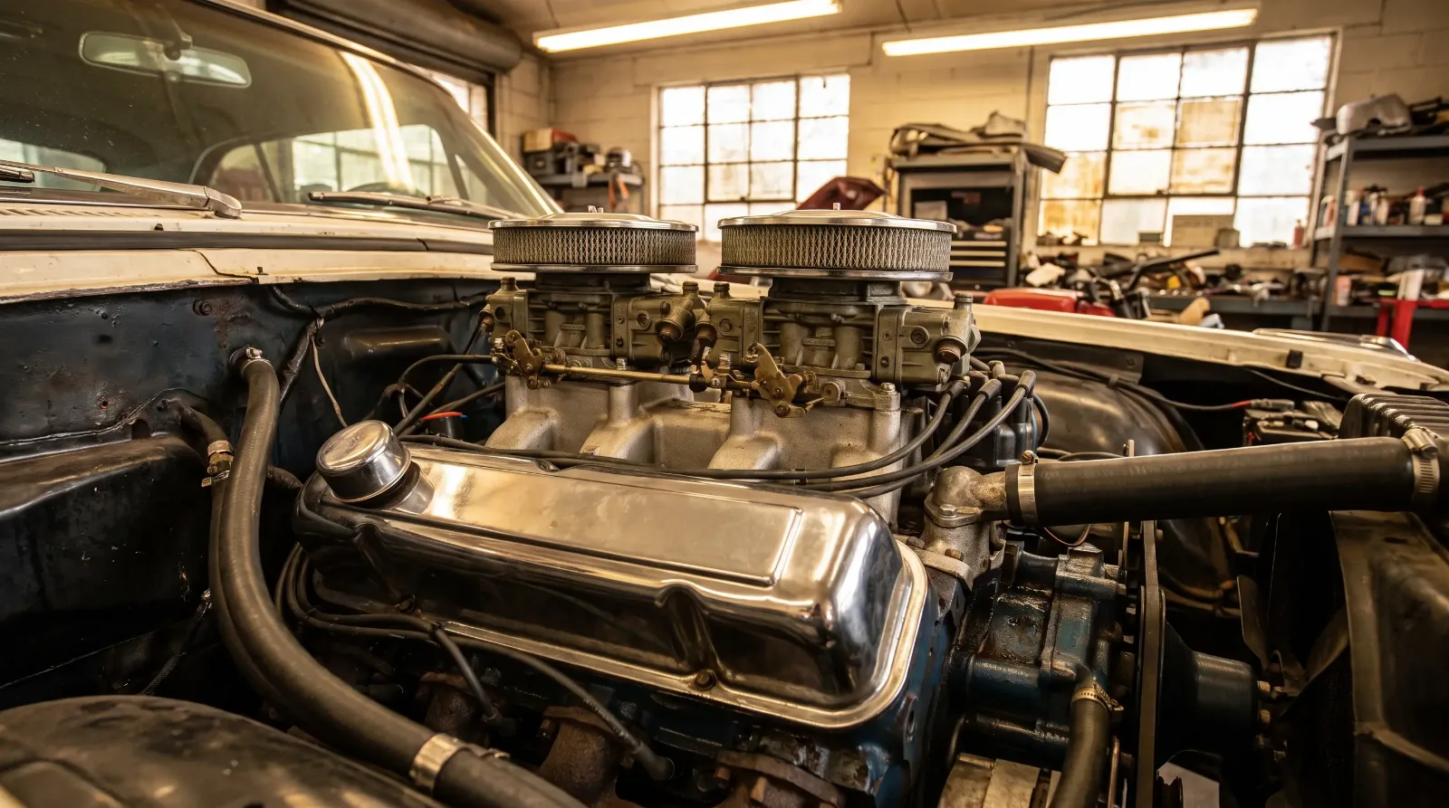 Ford FE 427 side-oiler big-block V8 with dual quad carburetors in a Galaxie engine bay