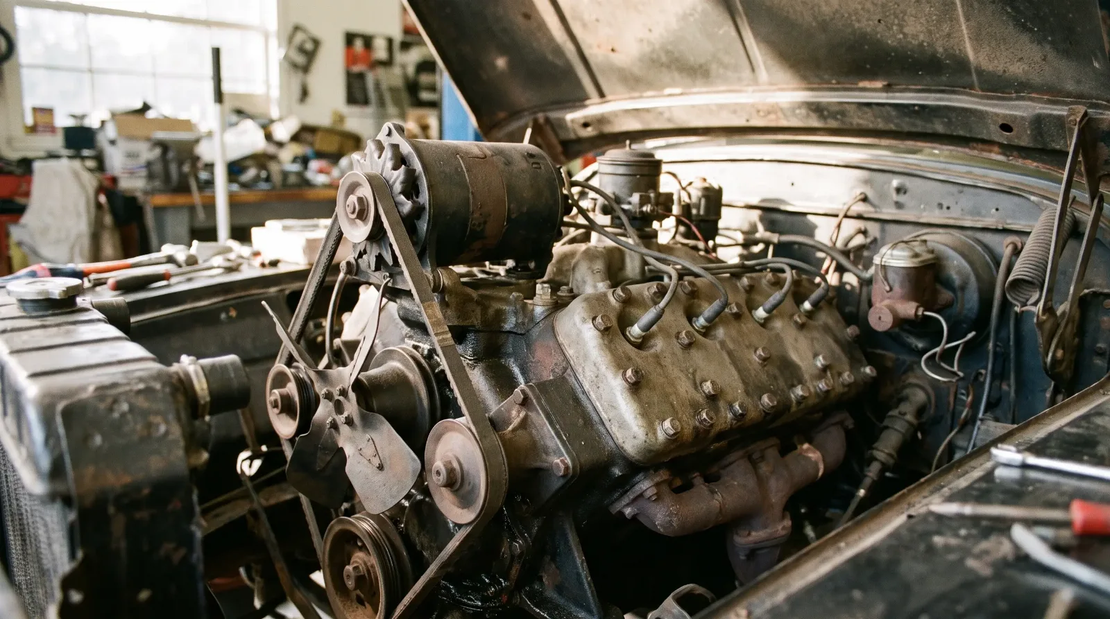 1932 Ford flathead V8 single-block engine bay