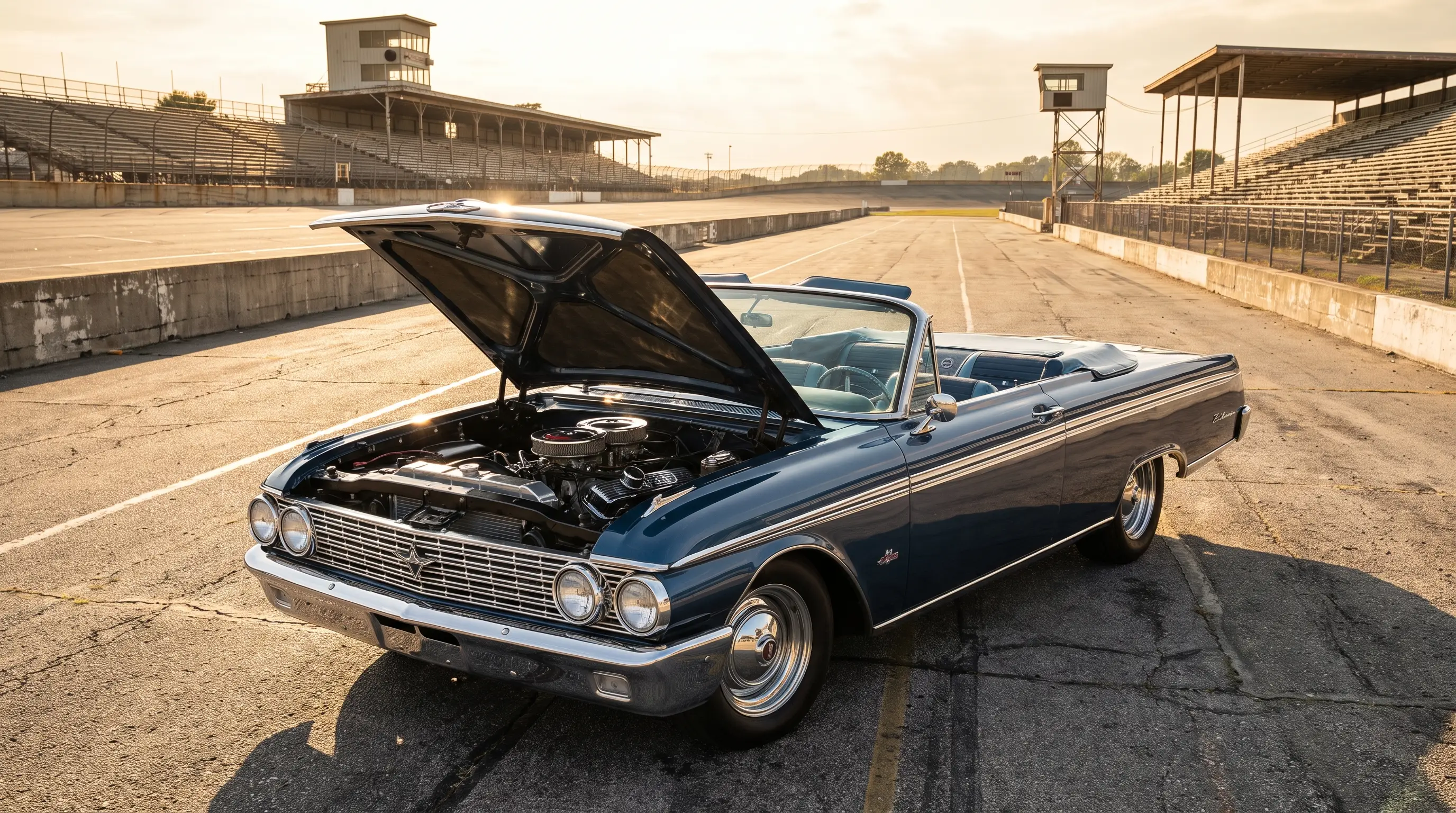 1962 Ford Galaxie with 406 Tri Power engine bay open on a sunlit pit lane