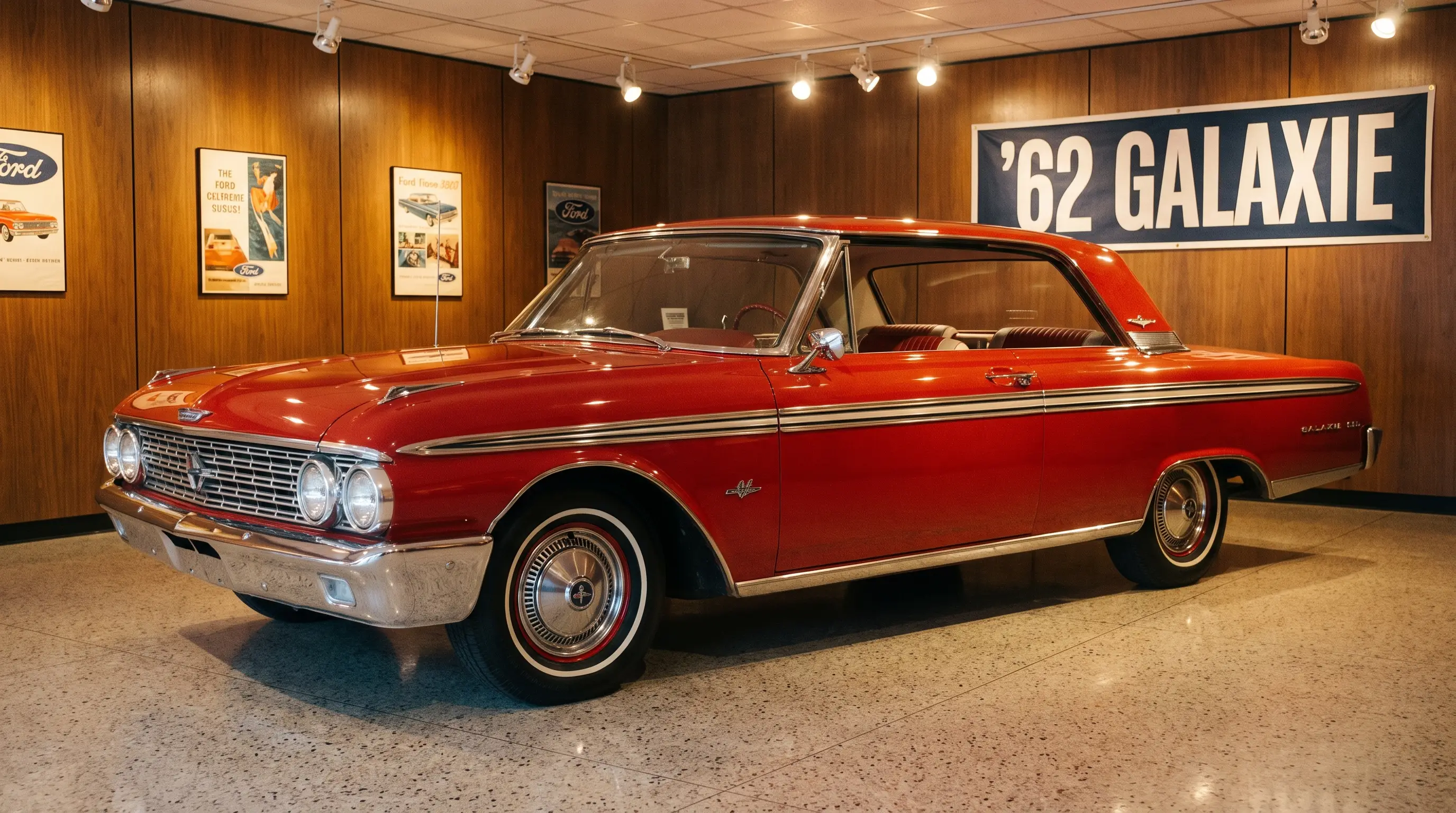 Red 1962 Ford Galaxie 500 XL with bucket seats in a period showroom