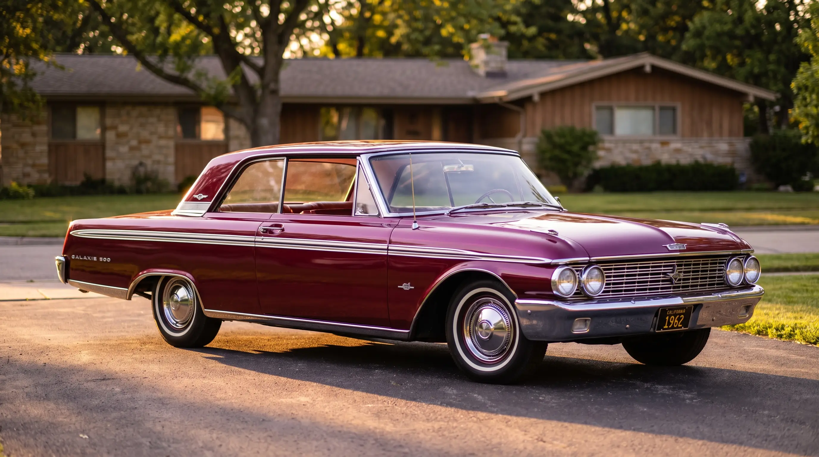 1962 Ford Galaxie 500 Club Victoria hardtop parked in a suburban driveway at golden hour