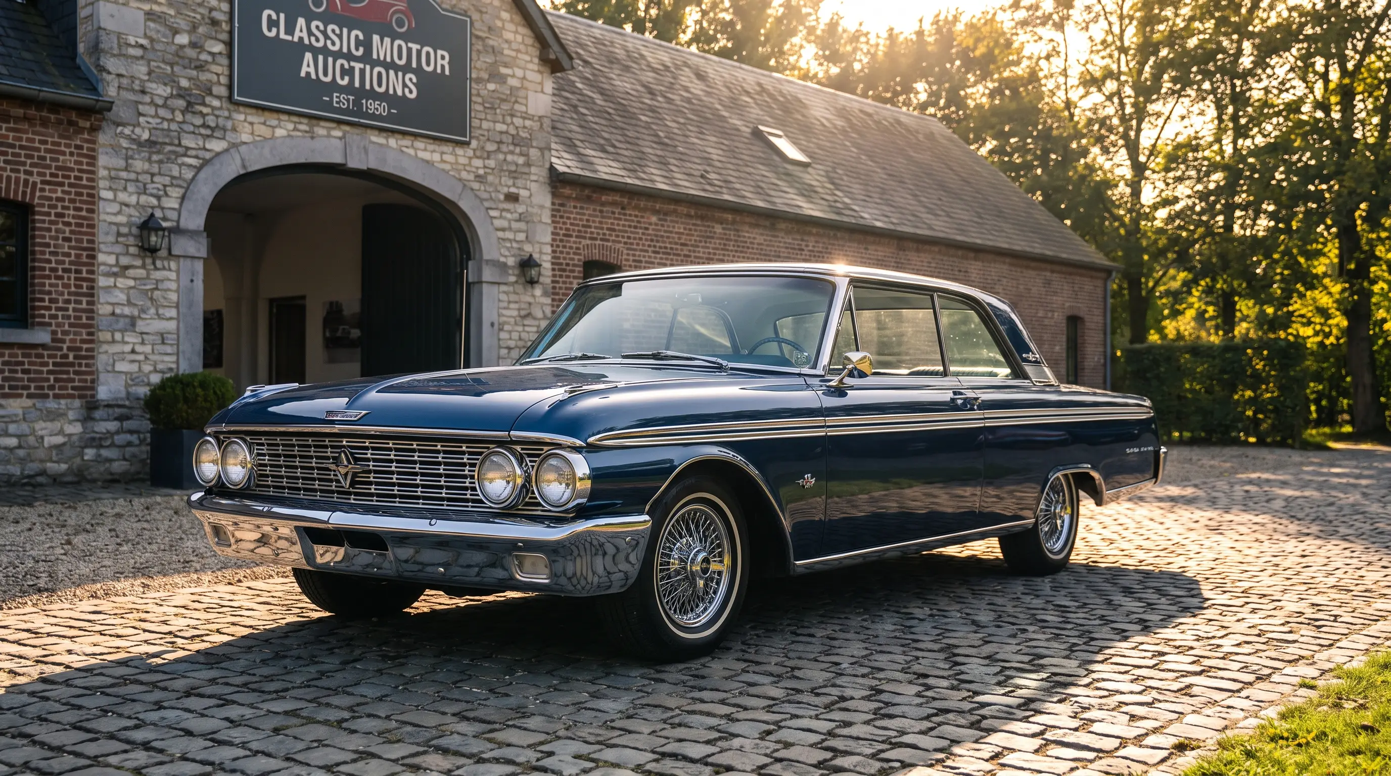 Immaculate 1962 Ford Galaxie 500 XL parked outside a classic car auction house
