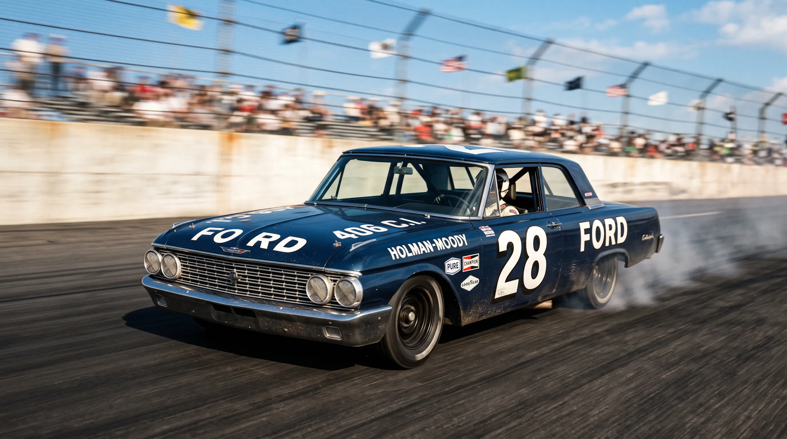 1962 Ford Galaxie 406 stock car at speed in Holman Moody racing livery